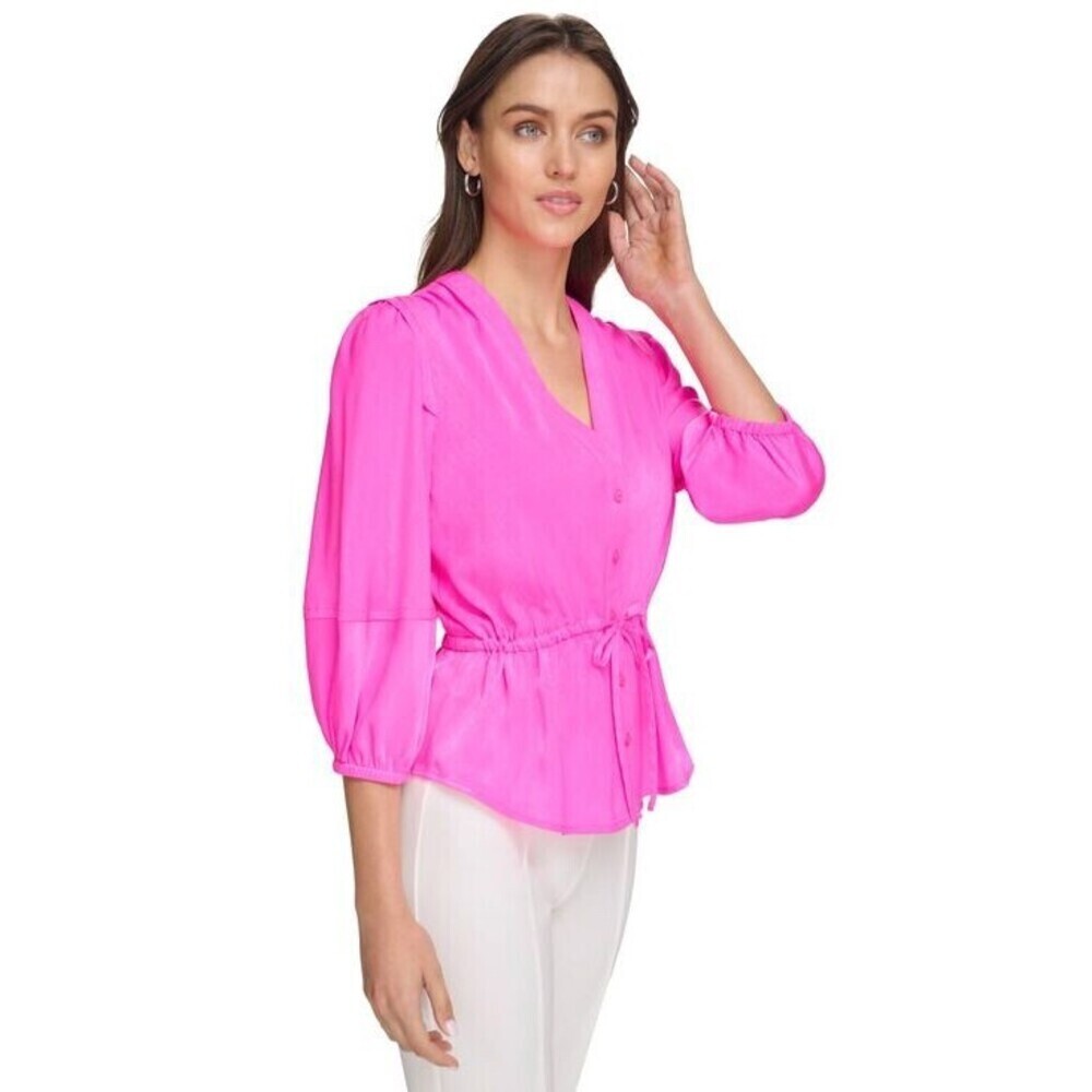 DKNY Women's Satin 3/4-Sleeve Peplum Top In Shocking Pink Size L